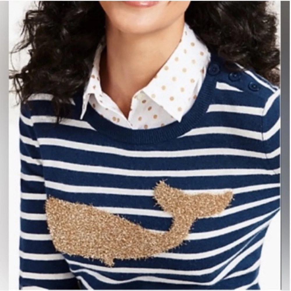Talbots EUC Striped Metallic Whale Knit Pullover Sweater Navy White Gold M - Picture 1 of 12
